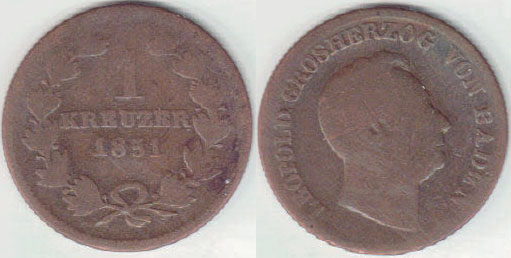 1851 Germany State 1 Kreuzer (Baden) A002214